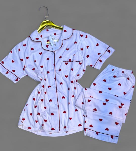 Pyjama Femme Blanc à Motif Cœurs Rouges